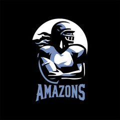 Sports emblem. Woman football player with ball in hands.