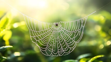 A close-up of a dew-covered spider web illuminated by soft sunlight, with a blurred forest background, mist adding a mysterious aura, highly detailed textures, natural lighting, serene and peaceful.