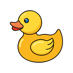 Yellow rubber duck toy illustration, Vector illustration of a classic yellow rubber duck with an orange beak and wing, symbolizing a bath toy and playful childhood item.
