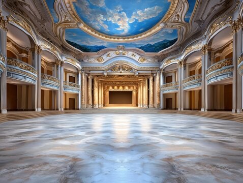 Elegant theater space with detailed ceiling mural showcasing a stunning blue sky, ornate columns, and a grand empty stage ideal for performances and events.