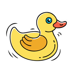 Yellow rubber duck toy illustration, Vector illustration of a classic yellow rubber duck with an orange beak and wing, symbolizing a bath toy and playful childhood item.
