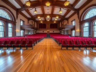 Obraz premium Inside a Historic Theater with Elegant Wooden Floors and Red Upholstered Seating, Capturing the Grandeur of Classic Architecture in a Lively Performance Space