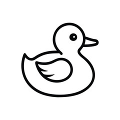 Rubber duck icon in black outline style, Vector illustration of a rubber duck toy shown in a simple black outline, representing a classic bath toy and playful design.
