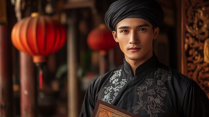 A close-up of a Vietnamese man dressed in a black Ao Dai with minimalistic silver embroidery, holding a traditional scroll, the turban neatly wrapped,