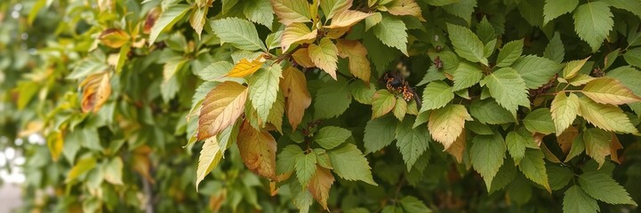 Non-healthy tree with wilted leaves and infestation of aphids, causing damage to foliage, nature, problem