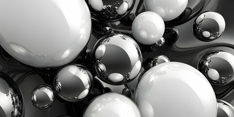 Abstract 3D Render of Shiny Silver and White Spheres Interacting on a Dark Background