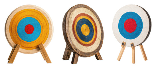 A Colorful Array of Archery Targets Displayed on Wooden Stands, Showcasing Vivid Blue and Red Circles, Perfect for Sports and Recreation Themes
