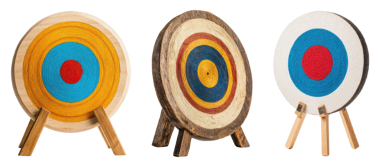 A Colorful Array of Archery Targets Displayed on Wooden Stands, Showcasing Vivid Blue and Red Circles, Perfect for Sports and Recreation Themes