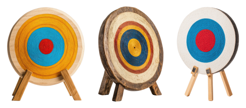 A Colorful Array of Archery Targets Displayed on Wooden Stands, Showcasing Vivid Blue and Red Circles, Perfect for Sports and Recreation Themes