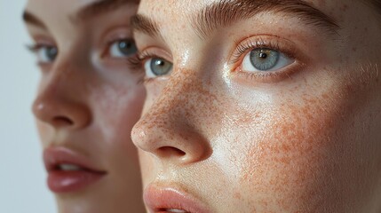 Close-up Portrait of Two Young Women Showcasing Natural Beauty With Freckles and Vibrant Blue Eyes Against a Neutral Background in Soft, Diffused Lighting