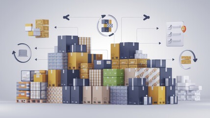 Efficient warehouse with stacked boxes and inventory management icons