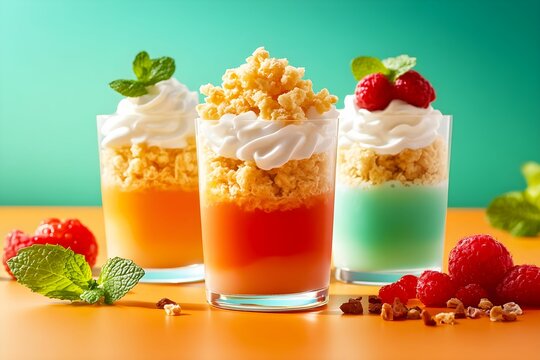 Three colorful Parfe desserts in glasses, topped with whipped cream and fruit, set against a vibrant backdrop, showcasing a refreshing treat.