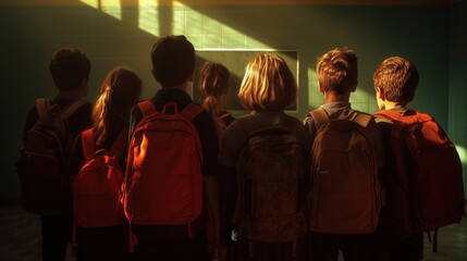 A Group of Children With Backpacks Watching a Presentation in a Dimly Lit Classroom During Late Afternoon Sunlight