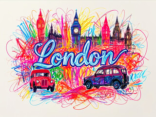 London text in scribbles chaotic wax crayon drawing style on white background