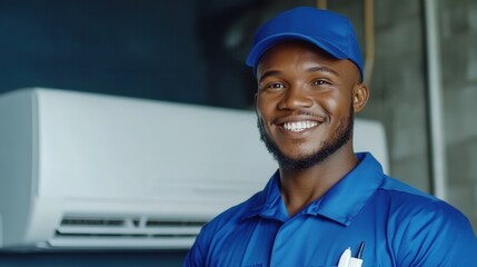 A Cheerful Technician in a Blue Uniform Smiles While Standing in Front of an Air Conditioning Unit During a Service Appointment in a Modern Home