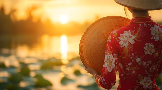 A close-up view of a Hue-style Ao Dai, featuring delicate embroidery of lotus flowers and phoenix motifs, worn by a woman holding a conical hat,