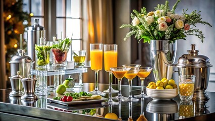 A beautifully styled table set for an evening event or party featuring a gleaming silver cocktail table with various juices and garnishes, elegant tablecloth, cherries, olives, fine 