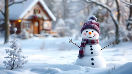 Obraz premium A snowman with a hat and scarf stands in front of a house. The scene is set in a snowy landscape, with the snowman being the main focus of the image and house in blur.