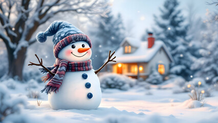 Obraz premium A snowman with a hat and scarf stands in front of a house. The scene is set in a snowy landscape, with the snowman being the main focus of the image and house in blur.