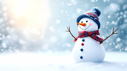Fototapeta premium A snowman with a hat and scarf stands in front of a house. The scene is set in a snowy landscape, with the snowman being the main focus of the image and house in blur.
