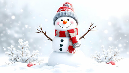 Fototapeta premium A snowman with a hat and scarf stands in front of a house. The scene is set in a snowy landscape, with the snowman being the main focus of the image and house in blur.