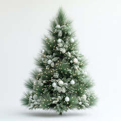 Fototapeta premium A decorated Scotch Pine Christmas tree with long green needles, adorned with ornaments and lights, on a clean white background