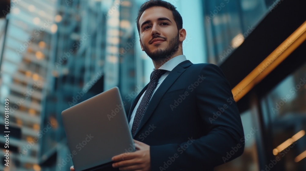 Poster a man in a suit holding a laptop in front of a building