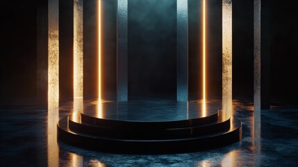 Futuristic dark podium with light and reflection background. 3D rendering.