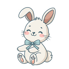 cute fluffy bunny with bow for typography. flat vector illustration on white background