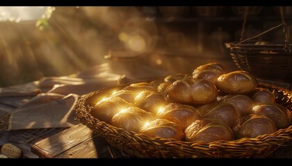 Obraz premium A basket full of freshly baked bread rolls sits on a rustic wooden table bathed in golden sunlight.