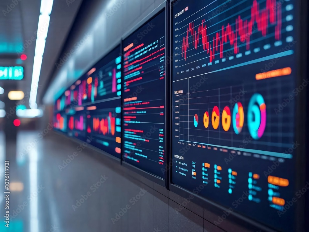 Poster high-tech data analysis displays showcasing various statistical graphs and metrics in a modern envir