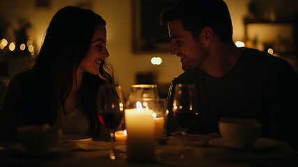 Romantic candlelit dinner with wine in an intimate setting during evening hours