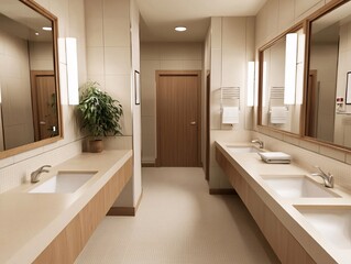 Fototapeta premium Modern bathroom interior design featuring dual sinks, mirrors, and natural touches. Stylish and functional space.