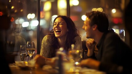 A woman and man are laughing at a restaurant table