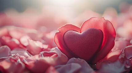 Fototapeta premium Heartfelt Red Rose Petals on Blurred Nature Background for Valentine's Day or Love Themed Greeting