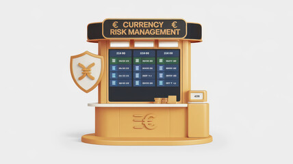 Currency exchange booth with risk management display and transparent background