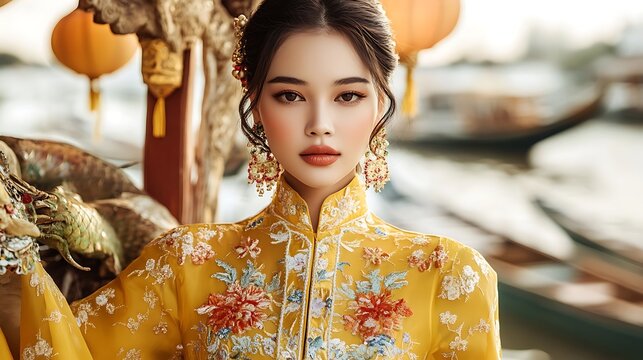 A Vietnamese model in a classic yellow Hue Ao Dai with intricate floral designs, posing gracefully by the Perfume River, traditional dragon boats drifting in the background,