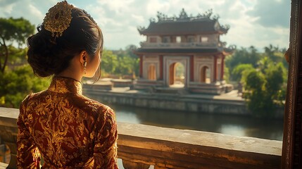 A Vietnamese woman dressed in a Hue Royal Ao Dai made of rich brocade fabric with intricate gold embroidery, standing in front of the ornate gates of the Imperial City of Hue,