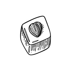 Сhocolate candy with hazelnuts. Vector illustration isolated on white background. Black and white sketched style.