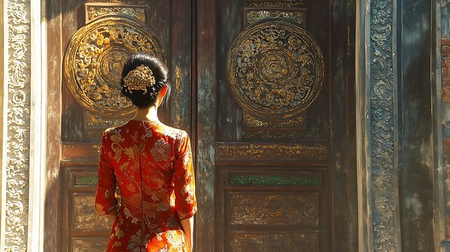 A Vietnamese woman dressed in a Hue Royal Ao Dai made of rich brocade fabric with intricate gold embroidery, standing in front of the ornate gates of the Imperial City of Hue,