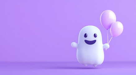 3D render of a cute, smiling ghost holding balloons against a minimalistic purple background