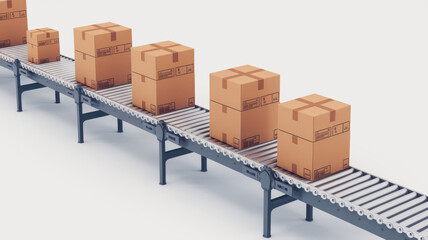 Conveyor belt transporting cardboard boxes in warehouse setting