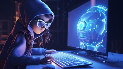 Cyber woman with futuristic helmet typing on laptop with robotic companion against neon backdrop.