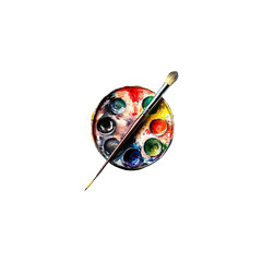 Watercolor painting of an artist's palette and paintbrush isolated on a white background