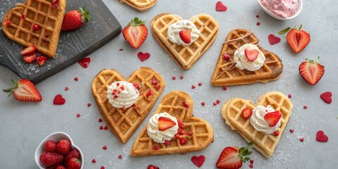 Freshly Baked Heart-Shaped Belgian Waffles for Valentine's Day Breakfast with Bokeh Effect