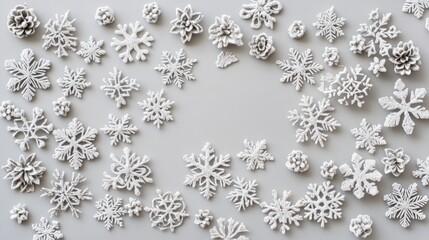 Christmas winter composition featuring a delicate frame of snowflakes on a soft pastel gray background, evoking a cozy holiday atmosphere for seasonal and new year celebrations, flat lay top view with