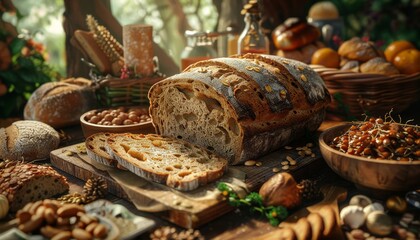 A rustic wooden table laden with freshly baked bread, nuts, and other baked goods, bathed in warm sunlight.
