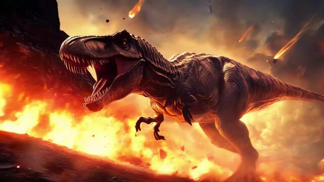 Tyrannosaurus Rex Roaring Among Flames and Explosions in a Dramatic Prehistoric Scene