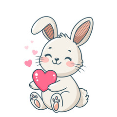 cute fluffy bunny with bow and heart for typography. valentine's day concept. flat vector illustration on white background