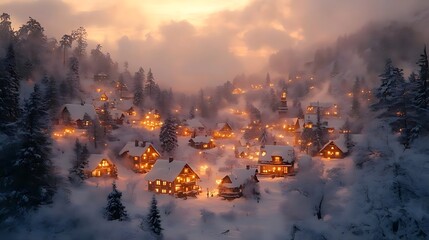 Naklejka premium A snow-covered village at dusk with warm glowing lights and cozy cottages, set in a serene winter landscape